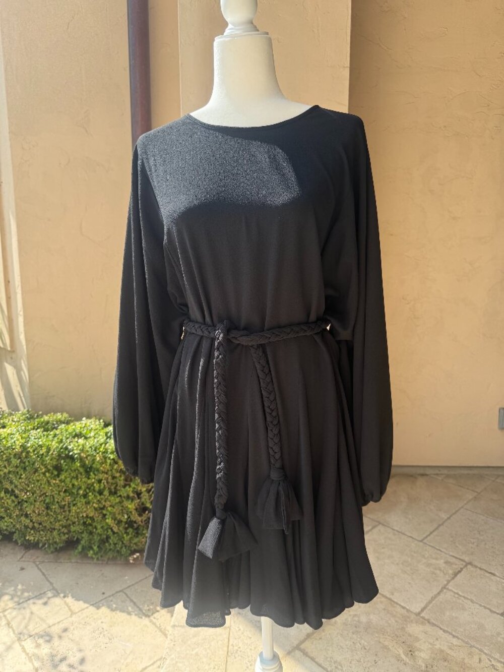 Gianni Bini Women's Midi Long Sleeve Black Dress with braided belt